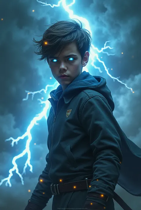 A  boy with a strong charisma, lots of lika color and a storm, it is supposed to represent a boy with the power of the storm, it should be frightening and scare everyone