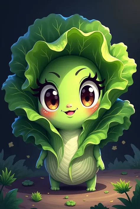 A manga-style lettuce with a flirtatious look in dark colors