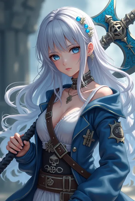 (photorealism:1.2), ash-white colored hair, hair like jeanne darc character from fate/apocrypha, magical cloudy mist hair like the wind even when theres no wind, human color skin light, blue eyes, pirate anime clothes, twenty one years old, looks mature, h...