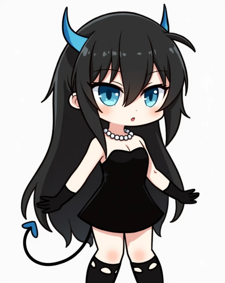 Anime girl with long black hair blue  horns marine blue shiny eyes black thin tail and black dress with black gloves and white necklace with pearls around the neck