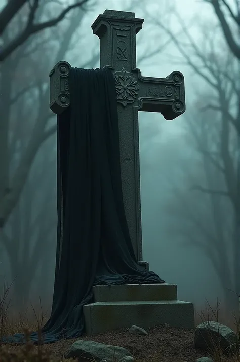 cross tomb with a black cloak hanging on the left side 
