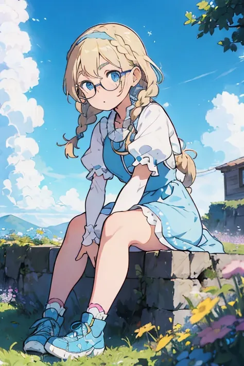 1 girl, blonde hair, braids, light blue eyes, teenage girl, thick eyebrows, glasses, freckles, puffy short sleeves 166k, puffy sleeves 328k, light blue long sleeves dress, blue footwear, pink hairband, blue sky, grasses, flowers, sitting down