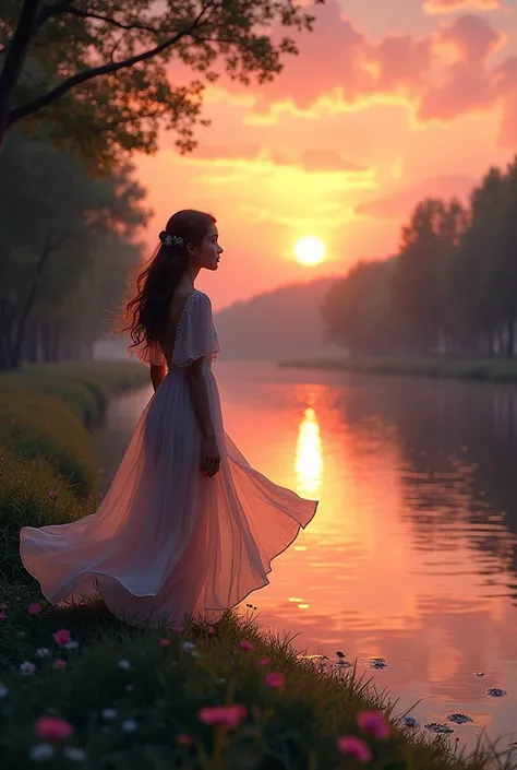 A beautiful girl standing near the beautiful river and looking sunset