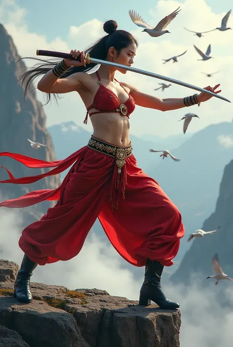 (masterpiece), best quality, expressive eyes, perfect body, perfect face, Murim warrior woman training a kata with a sword on the top of a mountain generating ki through her chakras towards her sword. (SPIRITUAL ENERGY flows from his body to the sword, pro...