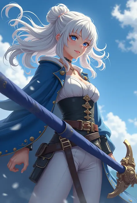 (photorealism:1.2), ash-white colored hair, hair like jeanne darc character from fate/apocrypha, magical cloudy mist hair like the wind even when theres no wind, the ends of the hair flow in one place like clouds, human color skin light, blue eyes, pirate ...