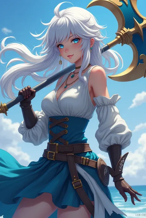 (photorealism:1.2), ash-white colored hair, hair like jeanne darc character from fate/apocrypha, magical cloudy mist hair like the wind even when theres no wind, the ends of the hair flow in one place like clouds, human color skin light, blue eyes, pirate ...