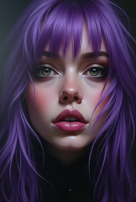 A detailed expressionist portrait of a purple-haired woman..., beautiful detailed eyes, beautiful purple detailed lips, Extremely detailed eyes and face, painted in faded black., long eyelashes, messy purple hair, dramatic lighting, intense colors, thick, ...