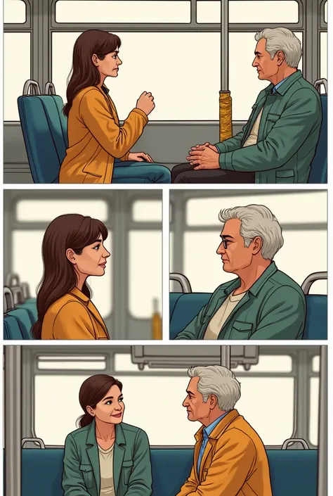 8-panel comic featuring two people talking together on a bus