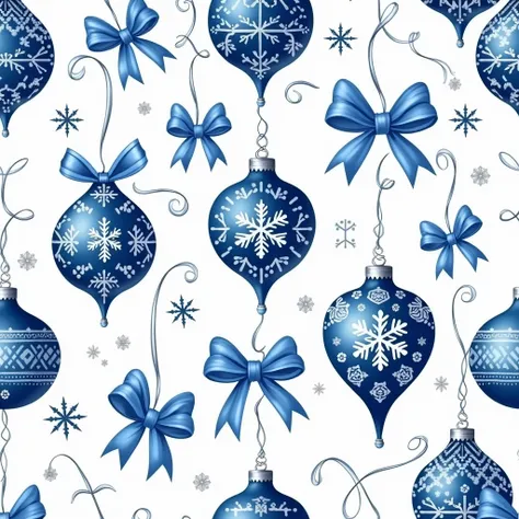 illustration Festive Christmas pattern featuring blue and silver ornaments adorned with snowflakes and floral motifs. The design includes glossy baubles with intricate white patterns, surrounded by large blue ribbons with decorative silver accents, forming...