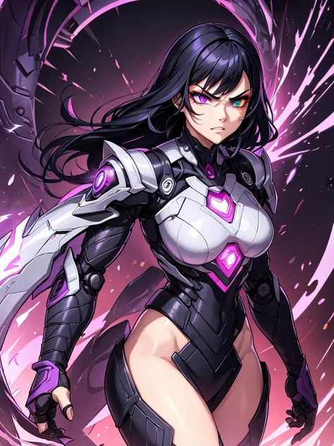 villain, Long black hair over the shoulders., Strong figure, adamantium robotic exoskeleton,  strong arms, angry look, red and purple heterochromia