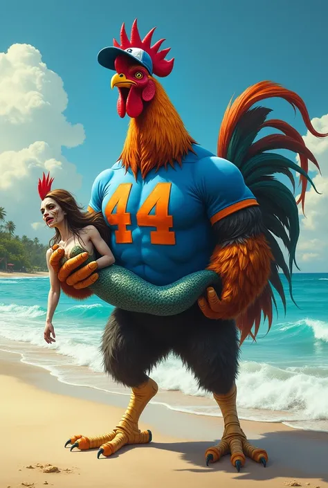 a BEAUTIFUL AND STRONG AND AVENGING rooster ON THE BEACH wearing a blue shirt and cap with an orange number 44 PICKING UP an Ugly mermaid