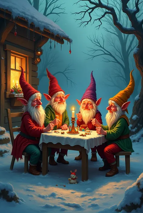 4 dark fantasy gnomes celebrating christmas in a village in their house