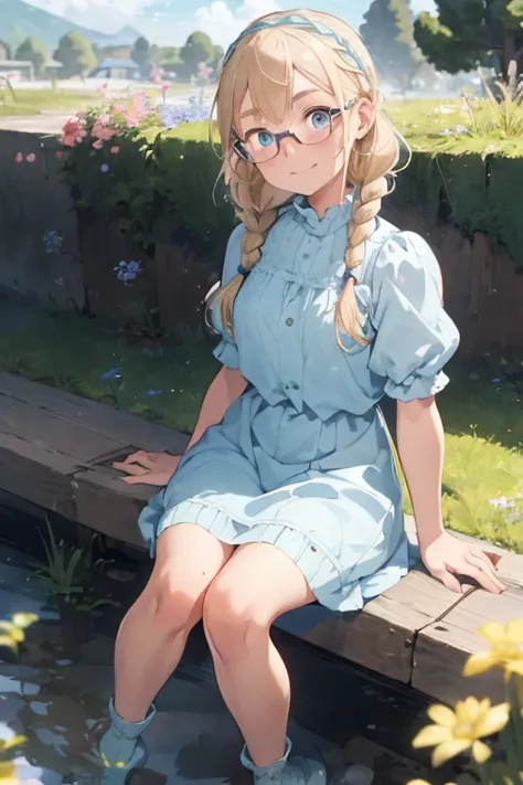 1 girl, blonde hair, braids, light blue eyes, teenage girl, thick eyebrows, glasses, freckles, puffy short sleeves 166k, puffy sleeves 328k, light blue long sleeves dress, blue footwear, pink hairband, dark sky, grasses, flowers, rainfall, sitting down, ha...