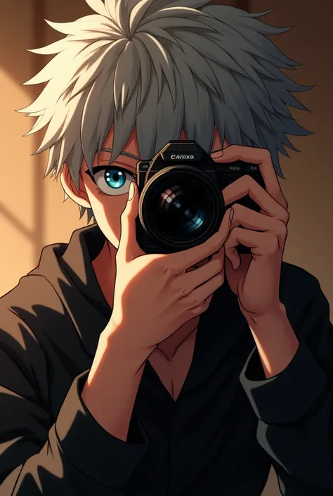 Killua from HxH holding a camera, it is an aesthetic icon in a warmer image, with the camera in front of your face there, as if taking a picture, camera facing the face, he taking a picture of you not just holding it
