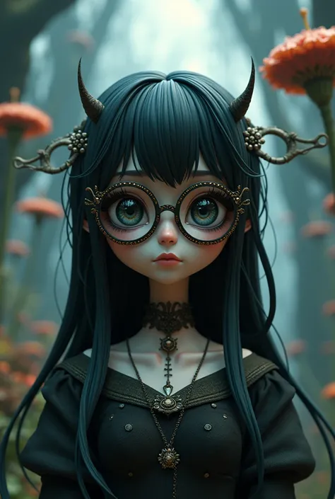 3D anime similar to Chibli and Tim Burton Darkside female with glasses and long hair
