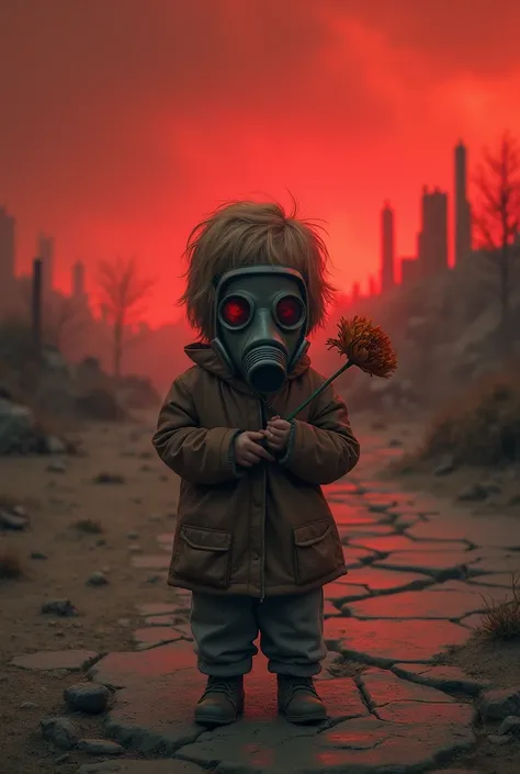 Child with gas mask, holding a dead flower, in a post apocalyptic scenario, reddish sky,