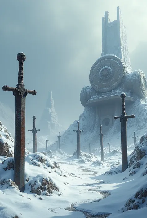 A snowy landscape with several swords and huge gears 