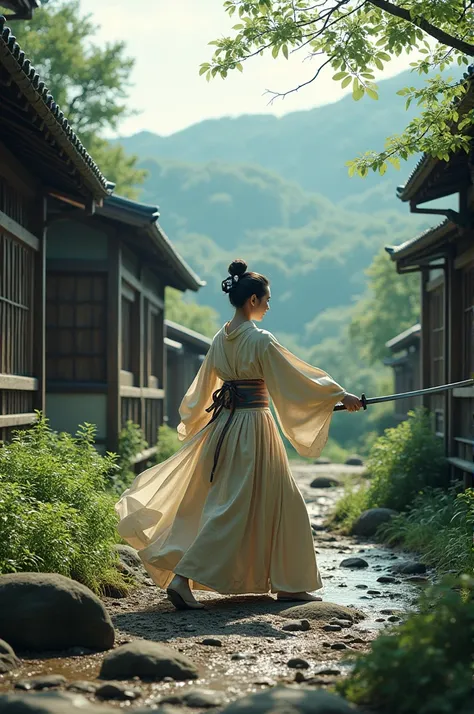 Japanese woman practicing sword fighting in rural Japan 