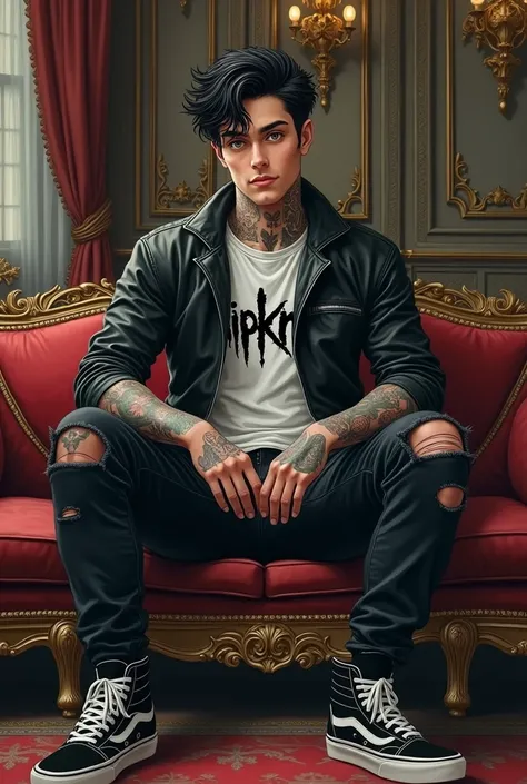 Realistic drawing, an extremely handsome 20 year old young man, Clean skin, black hair, green gray eyes, in shape wears tattoos, black hair mojado, presumed, straight nose, marked jaw, Small ears. Dressed in a Slipknot t-shirt and a leather jacket, some ri...