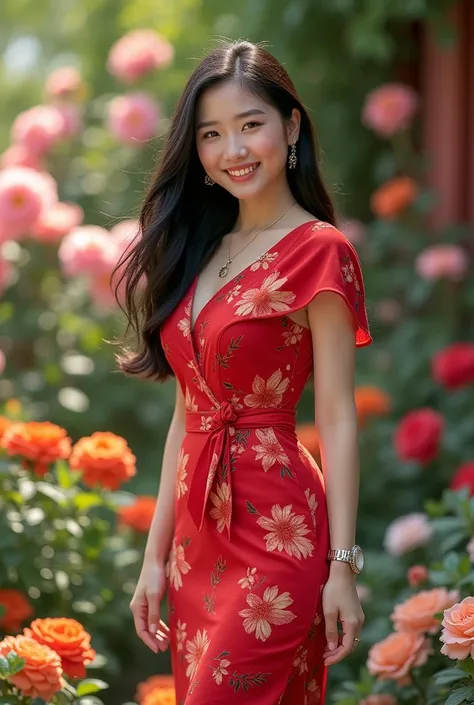 A real beautiful smiling korean slightly  chubby young woman,clear face lipstic,earings,necklace, wristwatch, wearing royal-red floral  fitted dress above the knee with slit,with belt,red highhells, long black very straight hair, standing on the garden,wit...