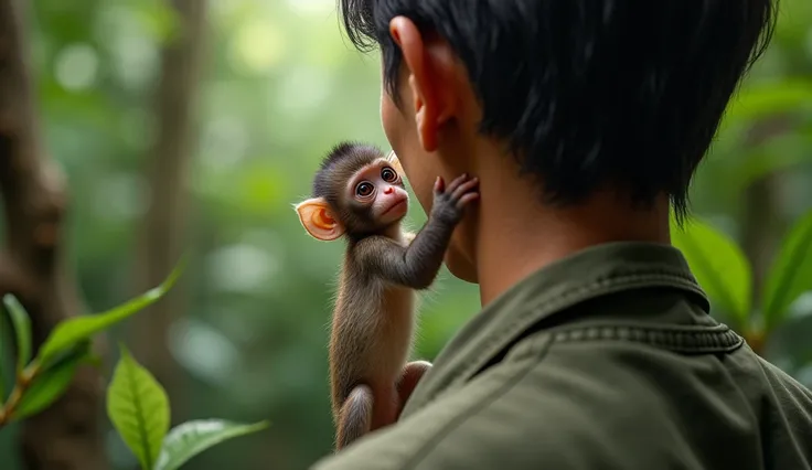 meilleur qualite photo hyper-réalisme petit bebe macaque miniaturiser ,clings to human earlobe , background in the Amazon forest , 8k , hyper-detailed photo , photo reel
