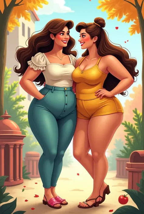 A brunette with a beautiful body near another chubby girl in Cartoon style 