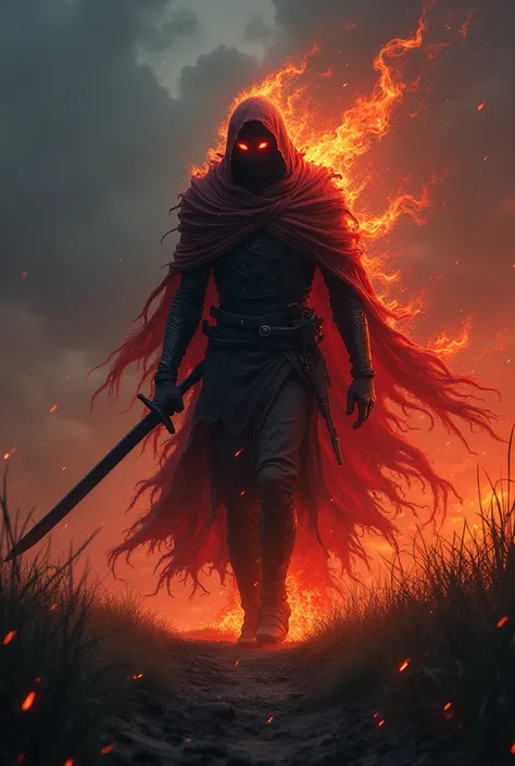 As twilight unfolds its shadows over the battlefield, a figure appears that seems to defy the very essence of the night. He is an entity of power and mystery, whose mantle of continuous flames dances with an intensity that seems to consume everything aroun...