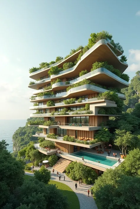 12. Eco-friendly hotel: A model of an ecological hotel, with sustainable infrastructure, use of renewable energy, low environmental impact design 