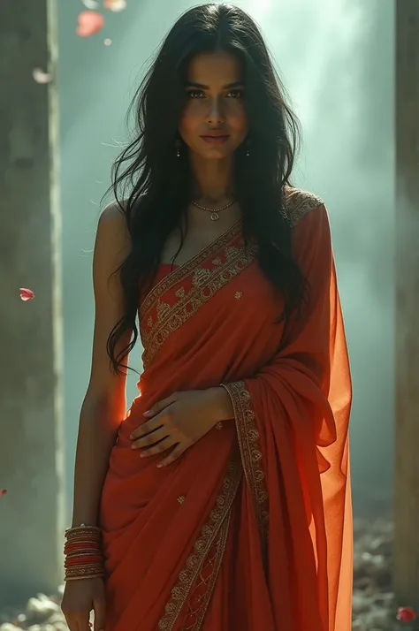 ( realistic, surrealism, defining) hot cute Indian girl in saree thin waist seductive 
