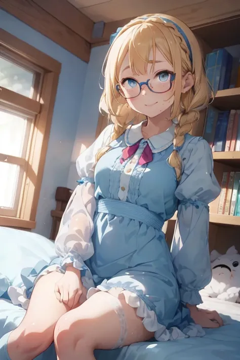 1 girl, blonde hair, braids, light blue eyes, teenage girl, thick eyebrows, glasses, freckles, puffy short sleeves 166k, puffy sleeves 328k, light blue long sleeves dress, blue footwear, pink hairband, dark sky, rain showers, home, bedroom, happy face