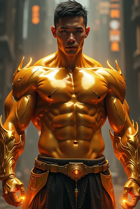 hyperrealistic image of extremely handsome chinese man, muscular bodybuilder, have glistening body, big pecs, golden skin, eldritch powers, wearing a futuristic armor
