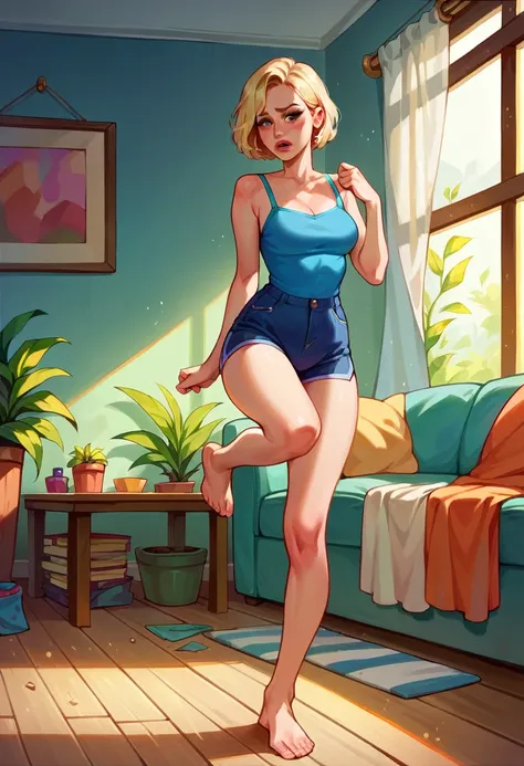 A girl with short blond hair raises one leg and raises her hand. ,embarrassing,living room,Blonde girl standing up,entertaining,,Beautiful face