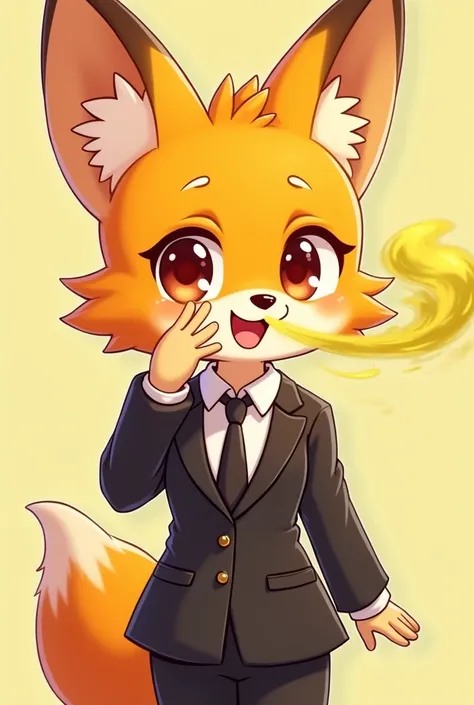 Cute orange fox girl fart (The two-dimensional face of the HUD) Wearing a black suit, fart(yellow smoke). hold your ass, Normal