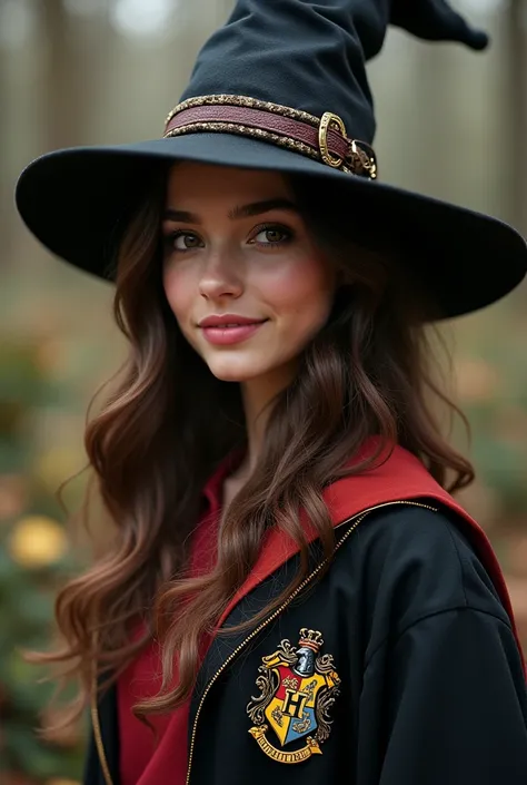 A sharp-faced teenage girl with sweet brown eyes, tanned skin, pink lips, Victoria&#39;s Secret hairstyle, big brown hair, wearing a Hogwarts costume.
