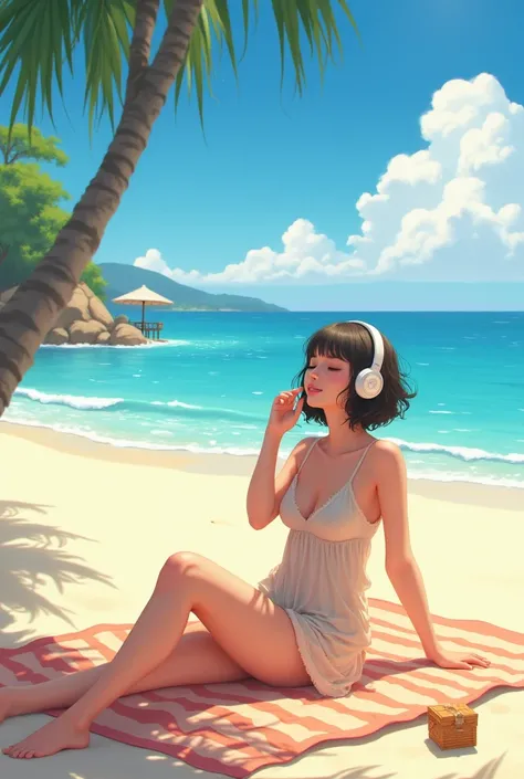 Generates an image of a girl on the beach enjoying the sun while listening to music 