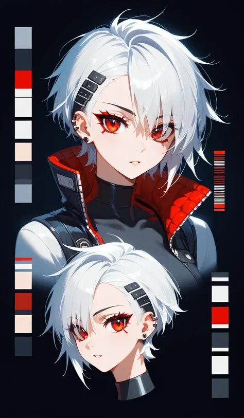 (masterpiece, best quality best quality:1.2), alone、whole body、front、character sheet、short hair, white hair, red eyes, bang hair...