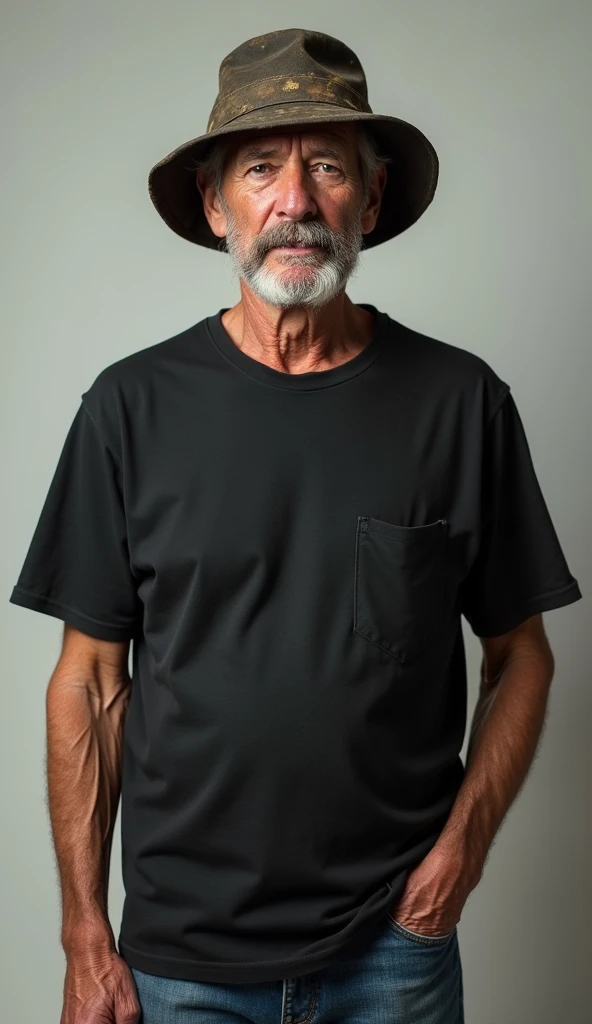 Create a character with a black cotton shirt ,an old pair of jeans ,mustache and an old backet hat, on average from 50 years to 60 years