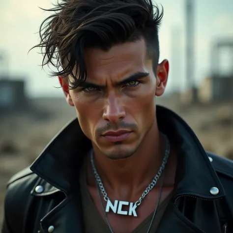 1 youthful looking american man, black leather jacket, very close up face, wearing a silver necklace with the letters "NCK, apocalyptic background