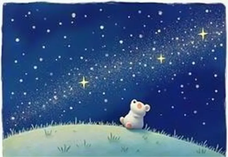 A night sky full of shining stars、A little bear is looking up backwards。Picture books