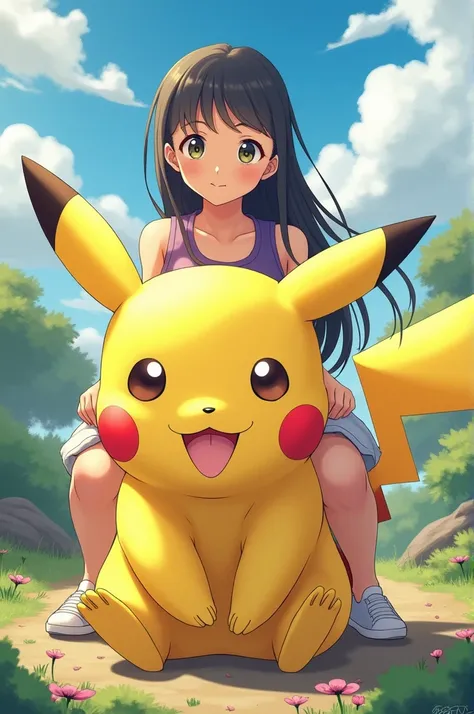 Woman sitting on anime pika