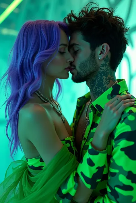 Cinematic fashion editorial: Vogue. NeonCamouflage:man kissing a woman with Bold purple hair and a camo dress in vibrant neon green light. EditorialElegance: Sheer layers, bold colors, and edgy contrasts. ElectricRebel: Neon shadows, flowing patterns, and ...