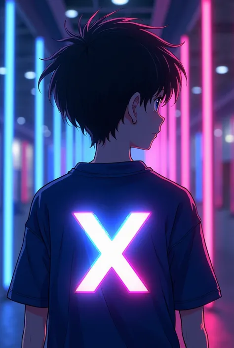 boy written  logo in back aamon. Anime boy HD Black Hair High Details Style Neon blue  Light 2D.