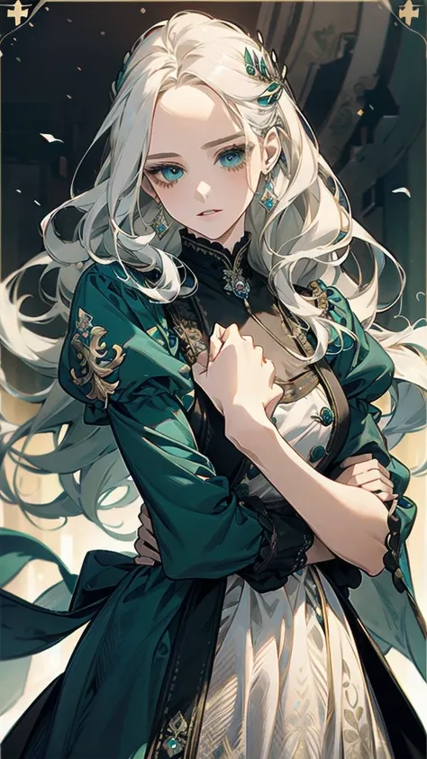 （（Best Quality））（masterpiece））（detailed）White Hair、Long Hair、Forehead is exposed、Long Wavy Hair、beautiful girl、noble、Gorgeous teal dress、Middle wind、Victorian、Glamorous dress、Dance、society、Princess