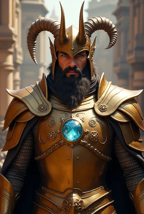 A paladin with bronze and copper colored armor, with a precious stone on his chest, an imperial topaz. He wears a horned helmet like a demon.