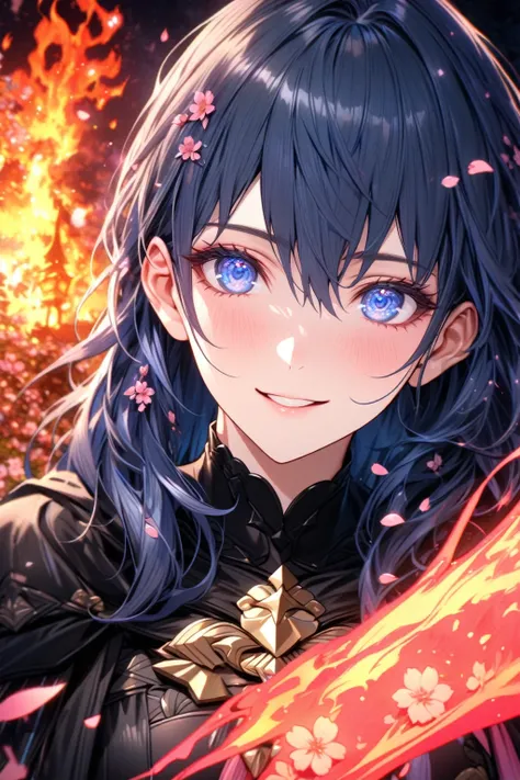 absurdres, highres, ultra detailed, HDR, master piece, best quality, extremely detailed, detailed eyes, detailed face, Byleth, dark blue hair, expressive blue eyes, Fire Emblem Three Houses, solo, woman, beautiful, smile, handsome, black cape, black clothe...