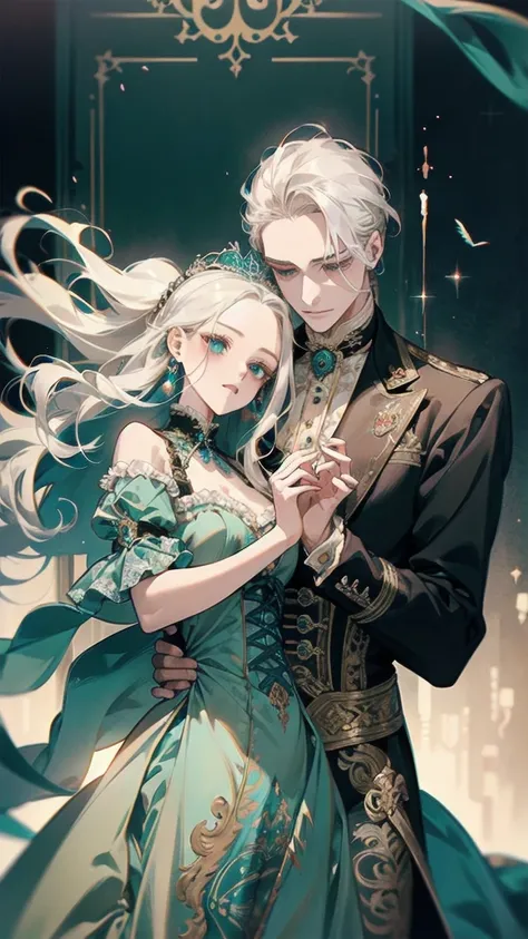 （（Best Quality））（masterpiece））（detailed）White Hair、Long Hair、Forehead is exposed、Long Wavy Hair、beautiful girl、noble、Gorgeous teal dress、Middle wind、Victorian、Glamorous dress、Dance、society、Princess