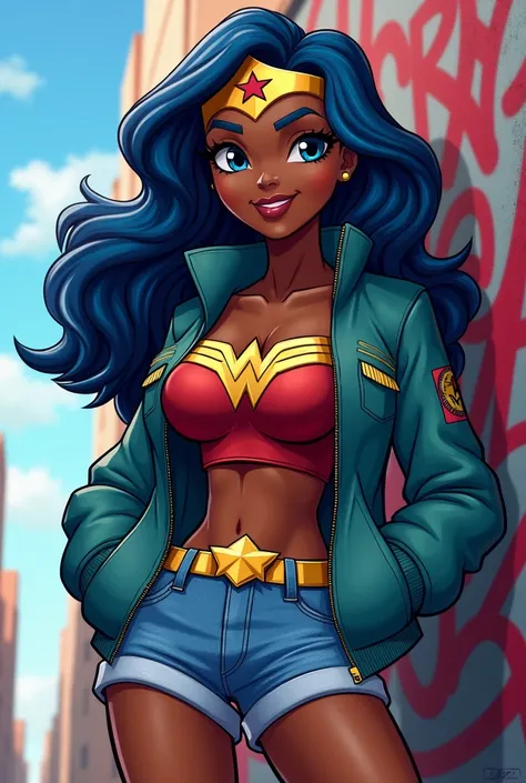 masterpiece,best quality,1girl,mature female,wonderwoman, (DC Superhero Girls 2015),blue hair,long hair,blue eyes,dark skin,medium breasts,tiara,(jacket,crop top,denim shorts:1.2),smile,hands in pockets,against wall,graffiti,outdoors,(dutch angle),