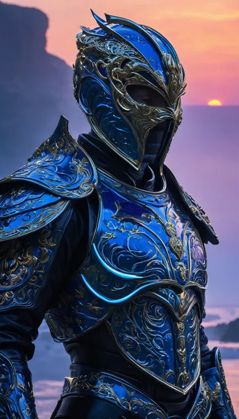 A breathtaking, cinematic science fiction portrait of the Dusk Enforcer, a non-human figure encased in a sleek, cobalt-blue armor laced with gold filigree that pulses faintly with a soft silver light. His face is completely masked by a polished, mirror-lik...