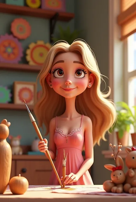 A Disney Pixar cartoon style of a smiling 5 woman,
At the front,wearing a pink dress,brown eyes and blonde hair holding a paintbrush, the table with brush holder ,painting wood and animal sculptures, in a room with shelves,with colorful mandalas and biscui...