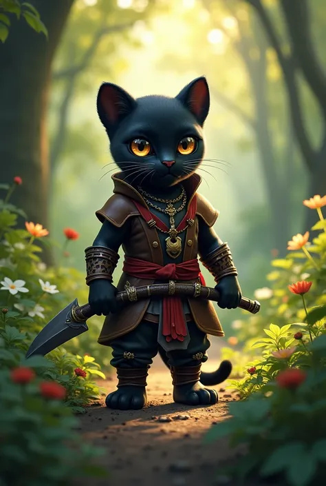 best image quality、"Lets create a masterpiece of cute living creatures. one、Black panther character、（The place is a forest）, high detail, in 8K、best image quality、Disguised as an adventurer、With shuriken in hand、medieval adventurer costume、(((cute)))、